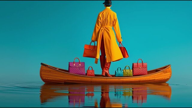 A stylish person in a yellow coat and holding colorful bags stands in a wooden boat on the water, embodying a sense of luxury and elegance. The overall image gives off a unique visual feel.