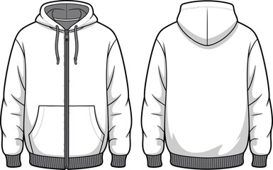 Front and back zip hoodie vector template, technical flat drawing with rib hem, kangaroo pocket, drawstring hood and sleeve cuff design