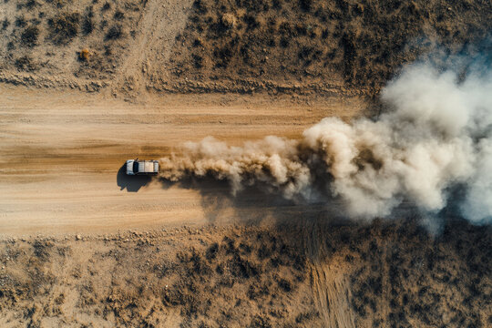 An overhead shot of a truck driving fast on a dirt road, creating a cloud of dust.