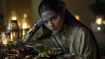 Una reina con armadura observa una opulenta comida con una expresión de tristeza.