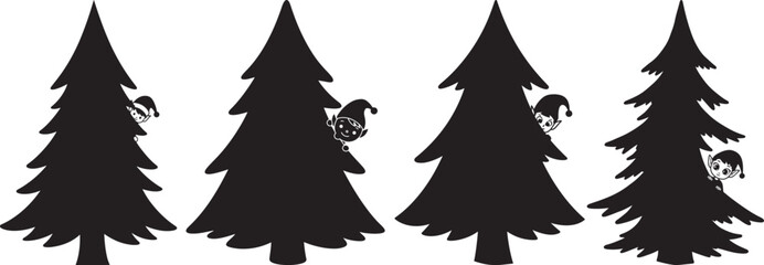 Fototapeta premium Four pine tree silhouettes with hidden squirrels silhouette