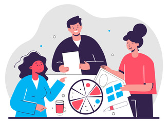 Flat Vector Illustration of Cheerful Team Enjoying Pizza While Discussing Design Ideas Around a Creative Messy Table, With Startup Vibe and Bright Modern Color Palette