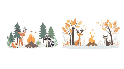 Fototapeta premium Cozy campfire scene surrounded by forest animals including deer, fox, and raccoon, set in a natural woodland environment with warm glowing flames, nighttime atmosphere, and outdoor adventure vibes 