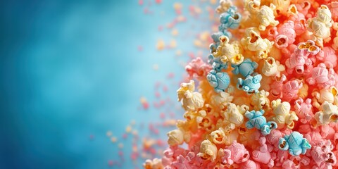 Colorful popcorn scattered against a soft blue background for a vibrant snack presentation