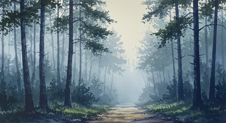 Obraz premium Watercolor forest path with fog and pine trees in early morning atmosphere