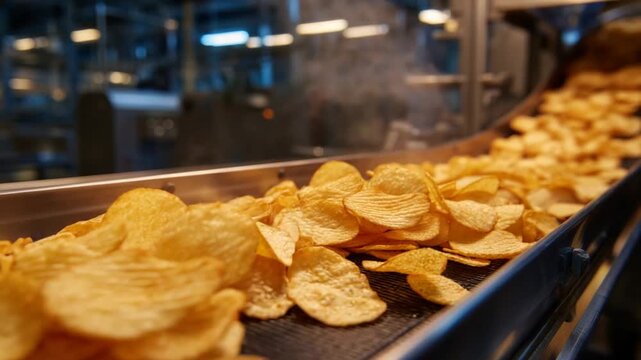 Crispy potato chips glide down a warm-toned conveyor, steam rising from freshly fried snacks in a metallic setting.
