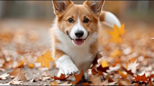 A cute corgi running on the ground full of fallen leaves, displaying joy and energy, surrounded by warm autumn colors