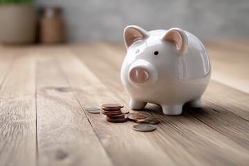Piggy bank with coins on a wooden table, representing savings and financial security.
