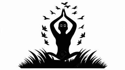Silhouette of a person meditating surrounded by birds in a grassy field under a white background sky area