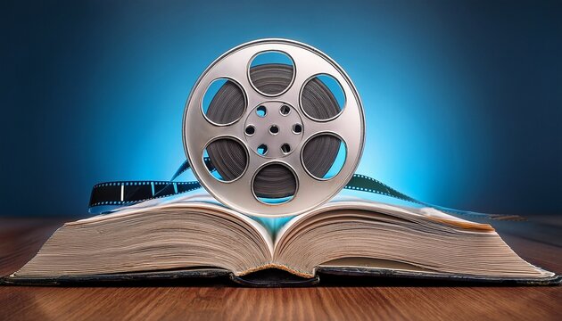 an open book with a film reel on top symbolizing the connection between literature and film adaptation - Powered by Adobe
