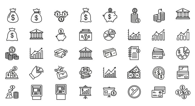 A collection of outlined icons representing various financial concepts, including money bags, coins, graphs, buildings, piggy banks, and credit cards.