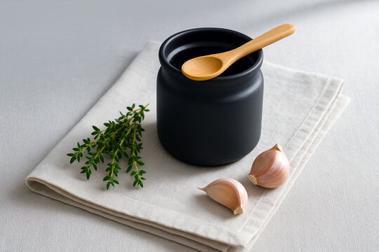 Black Ceramic Spice Container with Bamboo Spoon and Fresh Herbs on Linen Cloth