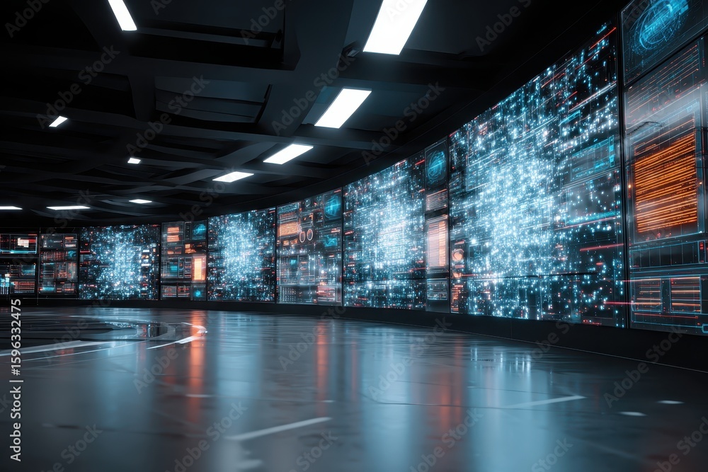Poster data center monitors curving. info flow in background for tech, science use