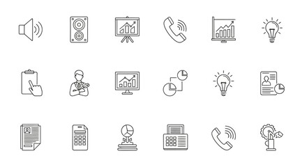 A collection of outlined icons representing business concepts such as data analysis, communication, and creative ideas.