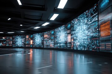 Data Center Monitors Curving. Info flow in background for tech, science use