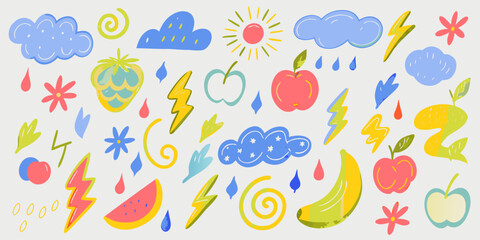 Crayon-drawn kid doodle collection.  Adorable girly doodle collection. Naive vector illustrations. Crayon-drawn kid drawings. 