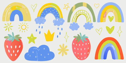 Crayon-drawn kid doodle collection.  Adorable girly doodle collection. Naive vector illustrations. Crayon-drawn kid drawings. 