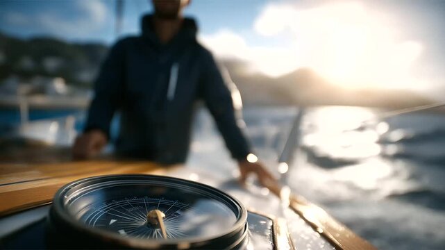 A skilled sailor navigating a ship with a compass and deck rail