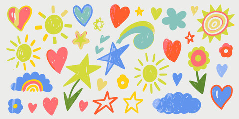 Crayon-drawn kid doodle collection.  Adorable girly doodle collection. Naive vector illustrations. Crayon-drawn kid drawings. 