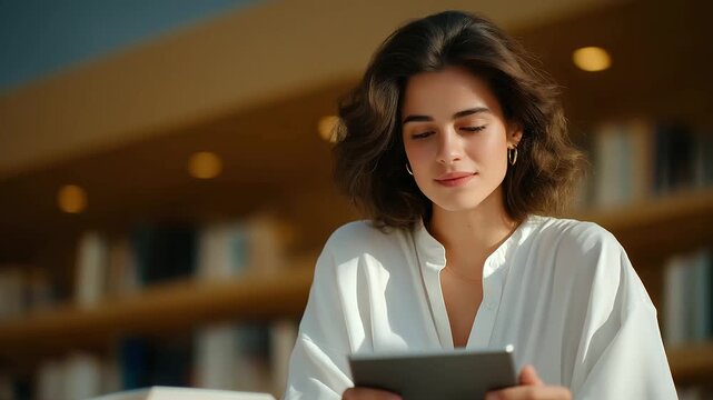 A student studying with an e-book in a cozy library