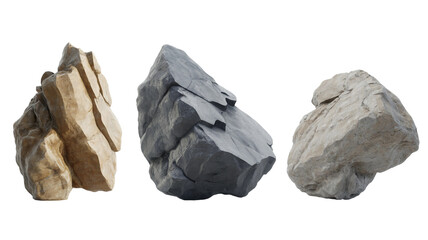 Obraz premium Set of 3 rock formations, beige, gray, and brown, isolated on white background