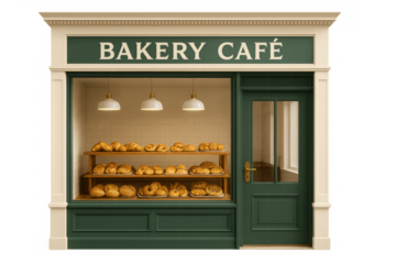 Bakery cafe storefront displaying freshly baked breads, golden pastries under warm pendant lighting, transparent background ready for graphic design integration