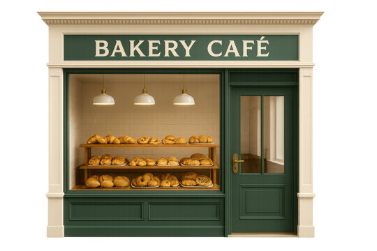 Bakery cafe storefront displaying freshly baked breads, golden pastries under warm pendant lighting, transparent background ready for graphic design integration