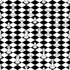 Seamless vector isometric black and white chessboard pattern with outline chess pieces. Pieces and the chessboard have their own fill, so it's possible to change the colors