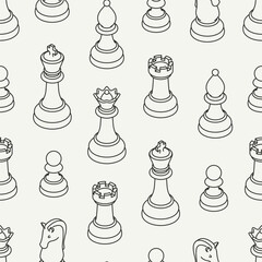 Seamless vector isometric pattern of outline chess pieces including king, queen, knight, and pawn designs