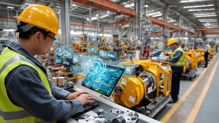 Industrial worker wearing safety gear at a construction or factory site - Powered by Adobe