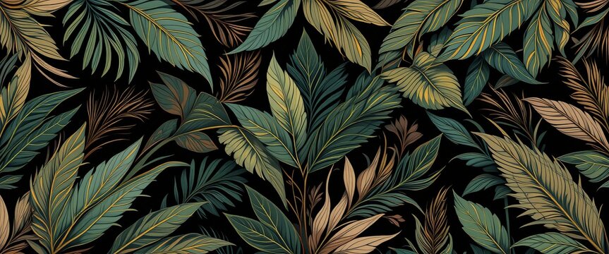 Muster mit gr&uuml;nen und goldenen Bl&auml;ttern auf schwarzem Hintergrund &ndash; elegantes, botanisches Design f&uuml;r Stoffe, Tapeten oder Drucke. Generative KI
