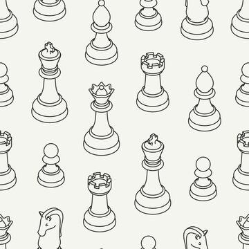 Seamless vector isometric pattern of outline chess pieces including king, queen, knight, and pawn designs
