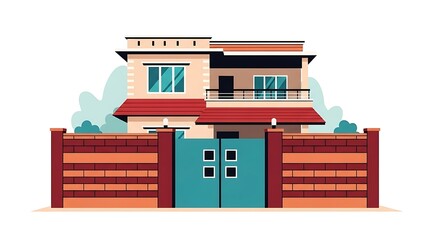 Fototapeta premium Illustration of house architecture building exterior facade gate fence residential home