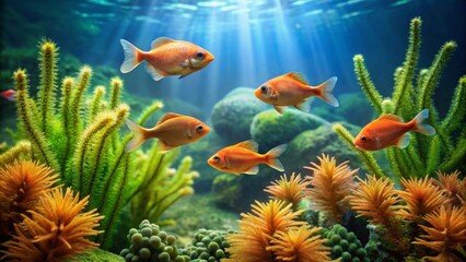 Obraz premium Vibrant Underwater Scene Featuring Four Orange Fish Swimming Amidst Lush Aquatic Plants and Rocks