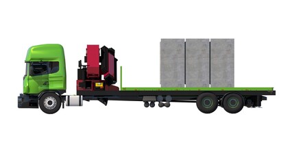3D render of a green semitruck with a 35-ton mounted crane carrying three 200cmx200cmx120cm concrete box culverts, from the side against a white set, related to heavy-duty transportation, logistics