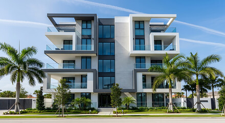 Obraz premium Modern Luxury Apartment Building in Sunny Location Contemporary multi unit residential building with sleek design and balconies apartment building modern architecture luxury apartments residential bui