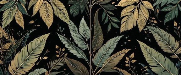 Muster mit grünen und goldenen Blättern auf schwarzem Hintergrund – elegantes, botanisches Design für Stoffe, Tapeten oder Drucke. Generative KI