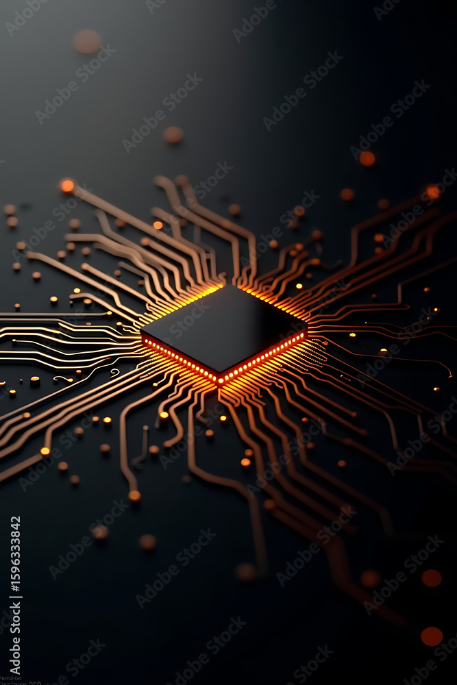 Poster a central microchip with glowing orange edges and connecting lines against a dark background.