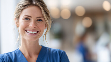 Fototapeta premium Portrait of smiling woman in medical scrubs