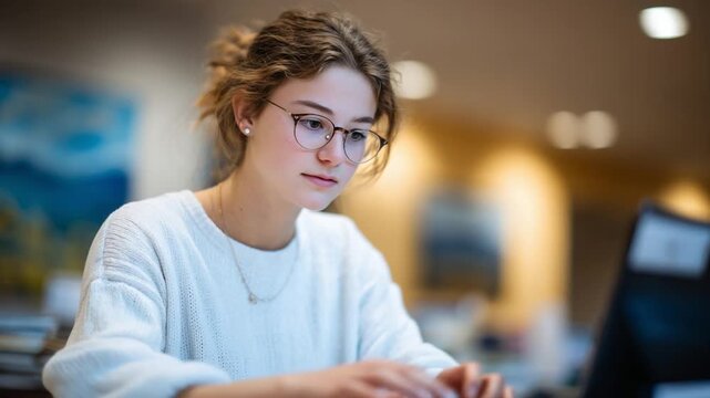 A young female student concentrates on a digital exam in a serene, distraction-free room with neutral decor.