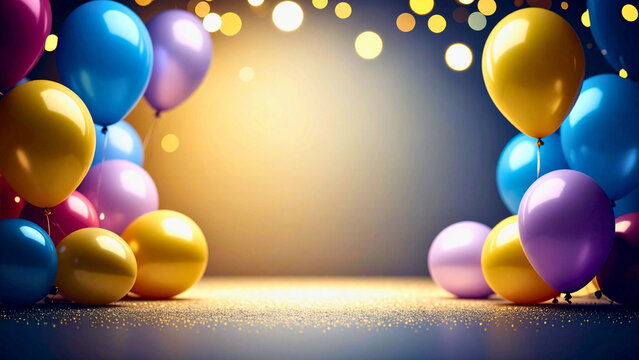 Kolorowe balony skupione wok&oacute;ł jasnego, świątecznego tła z migoczącym światłem