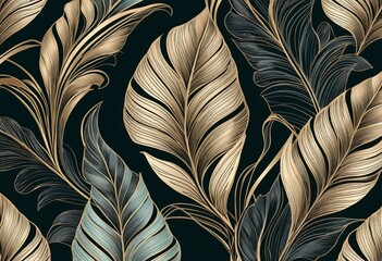Muster mit grünen und goldenen Blättern auf schwarzem Hintergrund – elegantes, botanisches Design für Stoffe, Tapeten oder Drucke. Generative KI