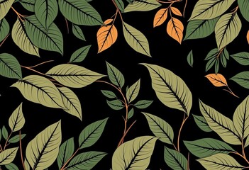 Muster mit grünen und goldenen Blättern auf schwarzem Hintergrund – elegantes, botanisches Design für Stoffe, Tapeten oder Drucke. Generative KI