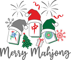 Christmas gnomes holding Mahjong tiles with festive decorations like Santa hats, snowflakes, trees, and gifts. Cute and playful design for holiday shirts, mugs, greeting cards, party invitations