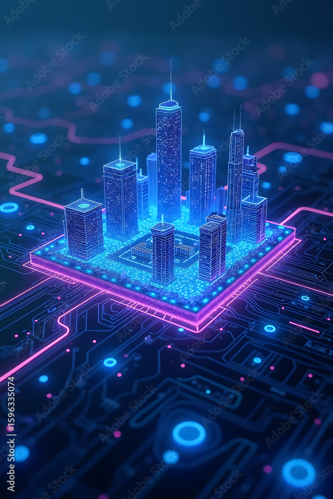 Poster miniature city skyline atop a glowing microchip, surrounded by circuit board patterns in blue and pi