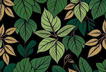 Muster mit grünen und goldenen Blättern auf schwarzem Hintergrund – elegantes, botanisches Design für Stoffe, Tapeten oder Drucke. Generative KI