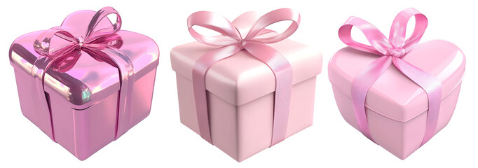 Set of pink gift boxes with ribbon bows set for birthday holiday and celebration design isolated on white