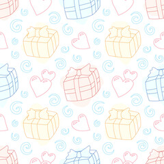 Seamless pattern with gifts, hearts and swirls