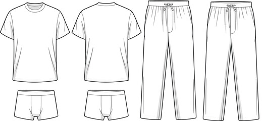 Men’s t-shirt briefs and lounge pants technical flat sketch front and back view, cad drawing vector for fashion design mockup © Creative Asif