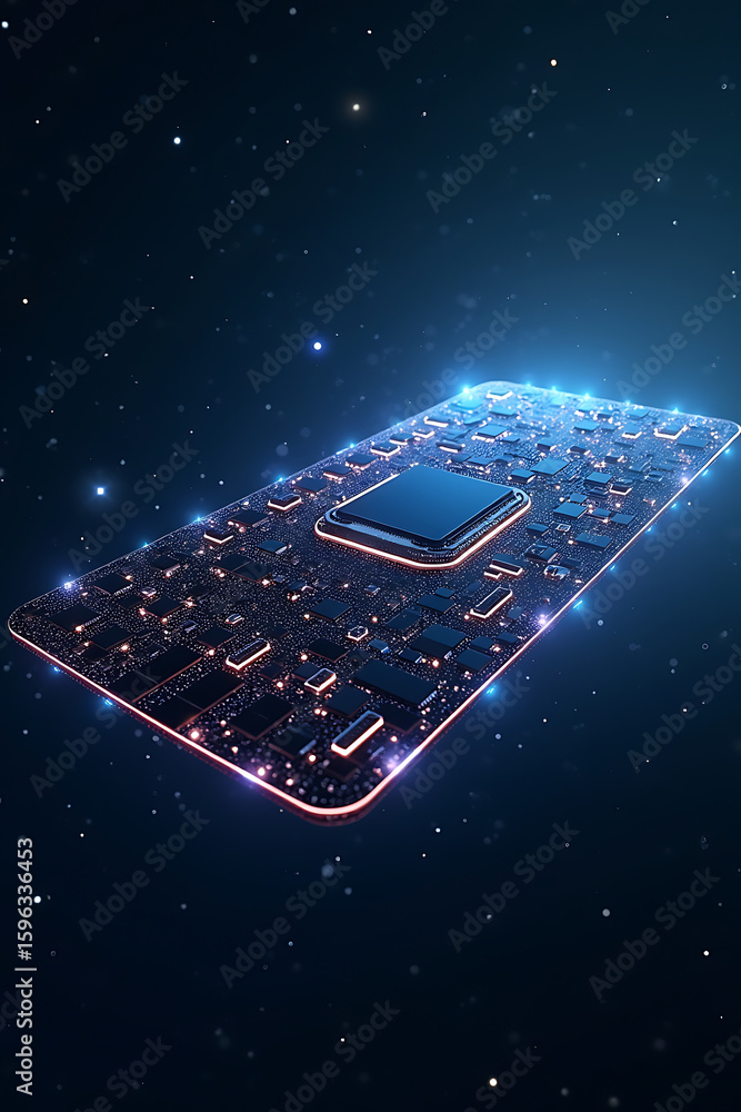 Poster a glowing circuit board with a central processor unit, set against a dark, starry background.